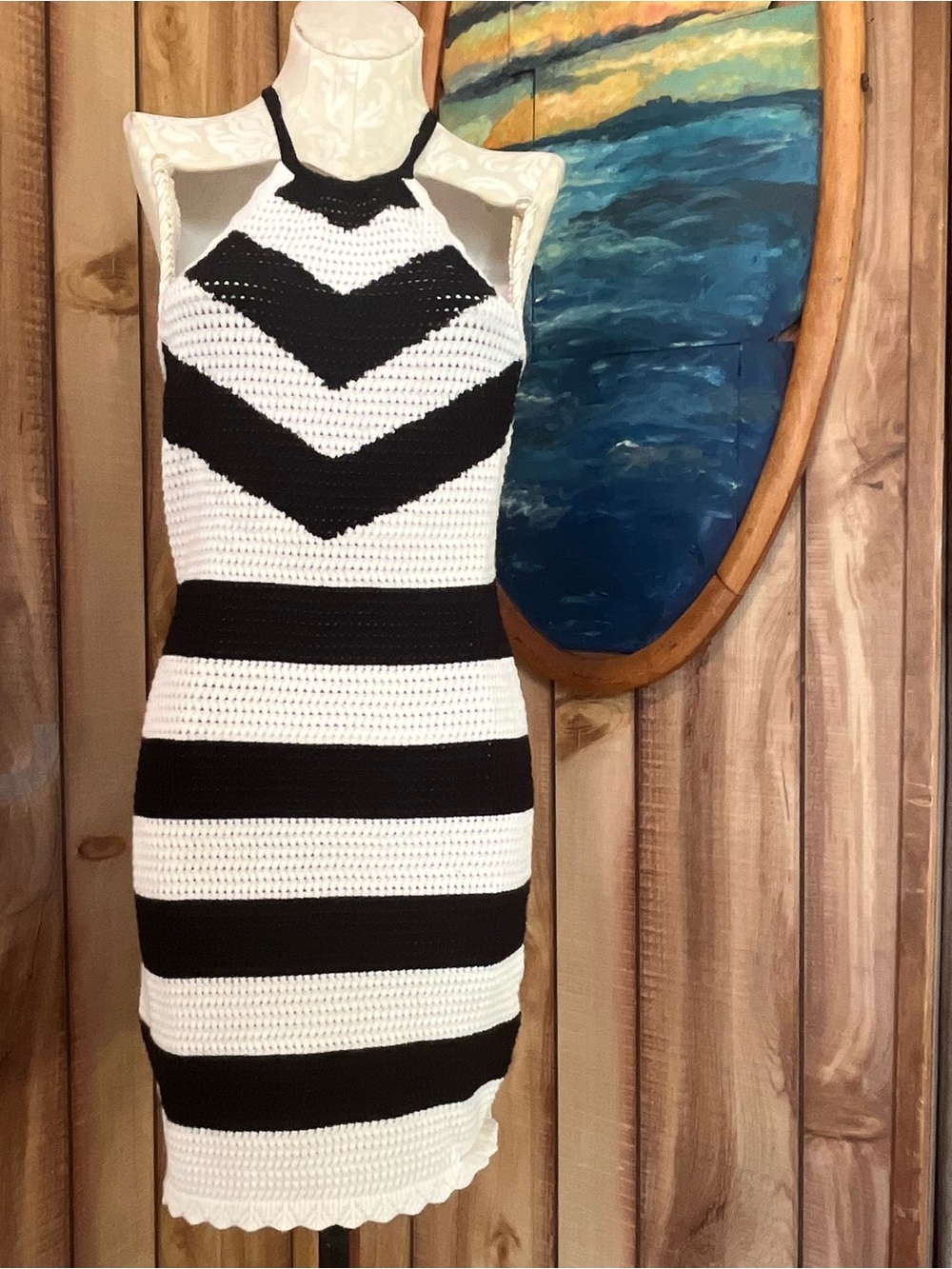 💋 BEBE Black and White Striped Crochet Halter Dress